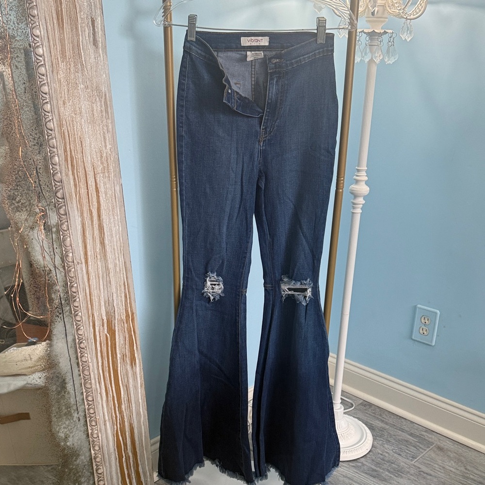 Trendy Dark Blue Distressed Flare Jeans